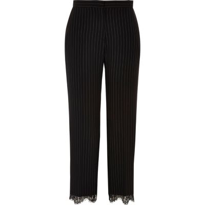 Black lace hem pinstripe trousers - tapered trousers - trousers - women