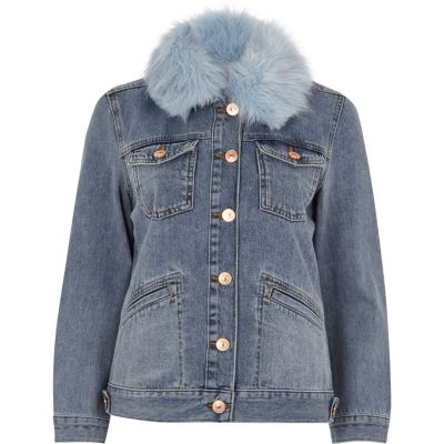 Mid blue faux fur trim denim jacket - Coats & Jackets - Sale - women