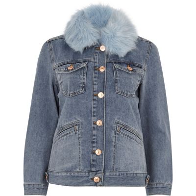 blue faux fur denim jacket