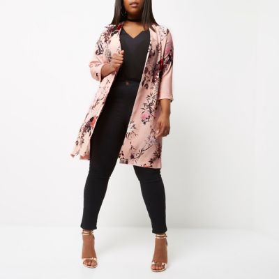 Plus pink floral print duster coat jackets coats / jackets women