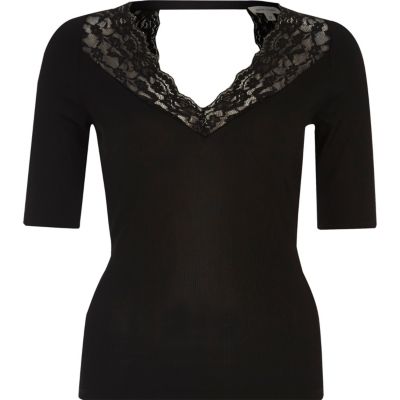 Black lace trim top - plain t-shirts / vests - t shirts / vests - tops ...