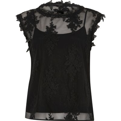 Black floral mesh lace sleeveless top - blouses - tops - women