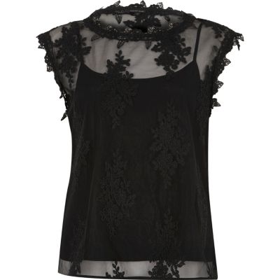 Black floral mesh lace sleeveless top blouses tops women