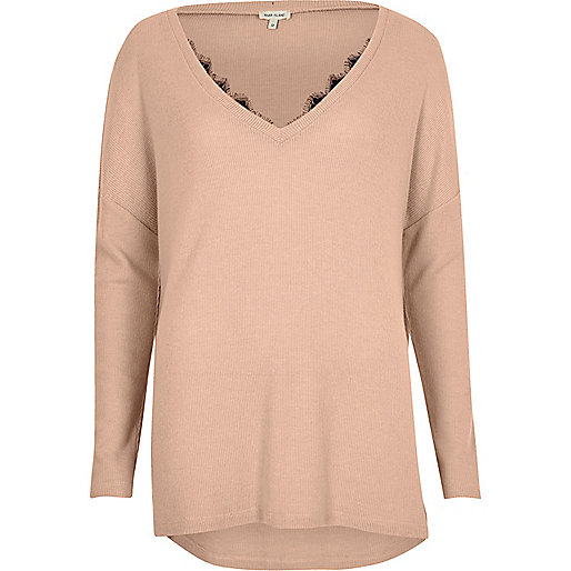 Light pink knit top with lace detail - knitted tops - knitwear - women