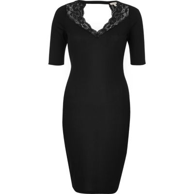 Black lace trim ribbed bodycon dress - bodycon dresses - dresses - women