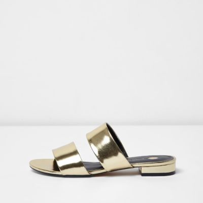 Gold metallic two strap mules - sandals - shoes / boots - women