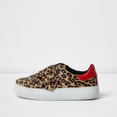 slide sneakers with leopard print pony skin inserts