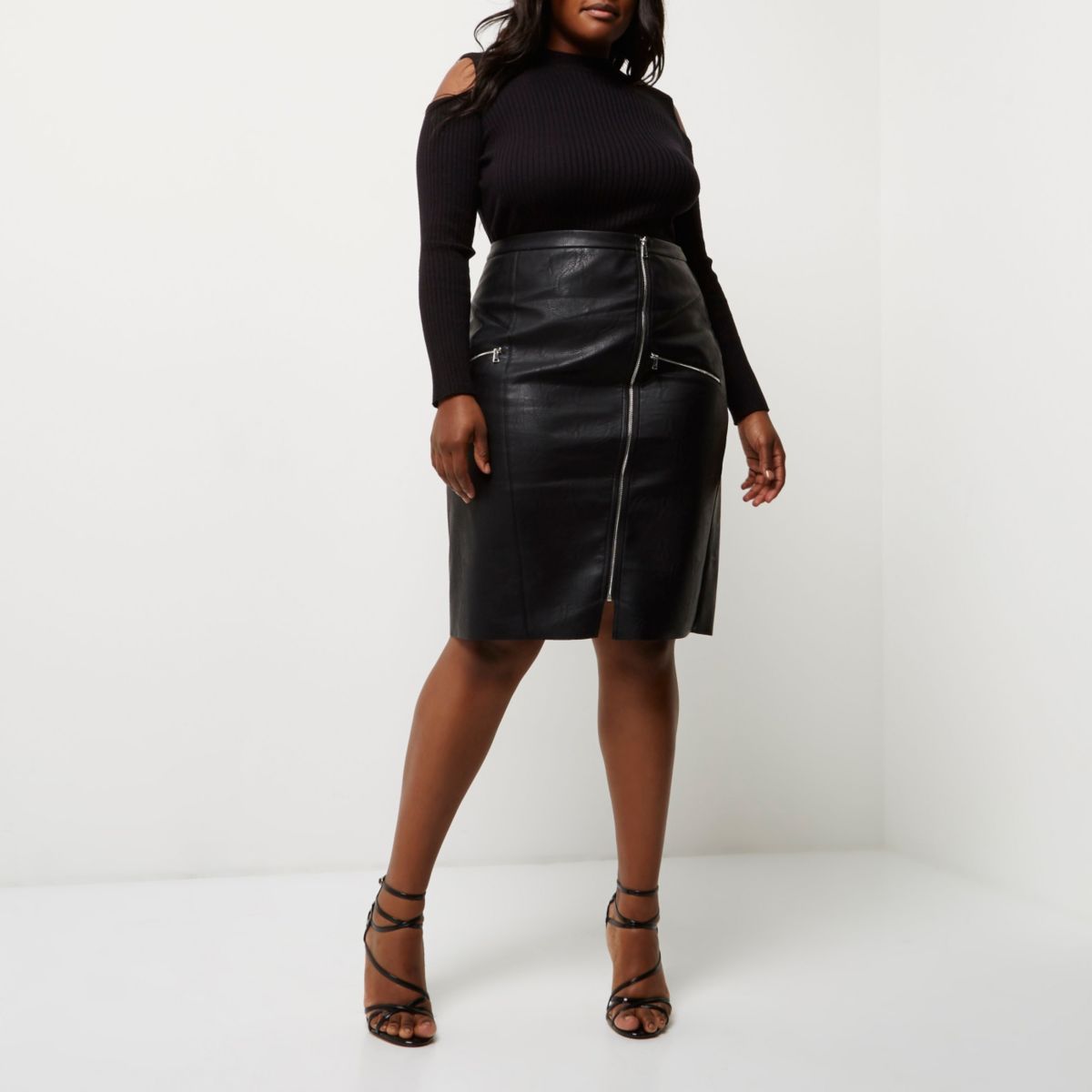 Plus black leather look pencil skirt - Skirts - Sale - women