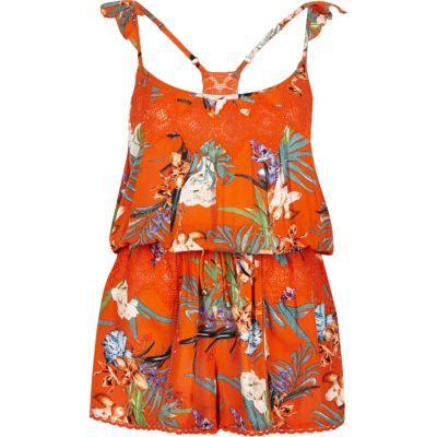 Orange tropical print beach cover up playsuit kaftans / coverups