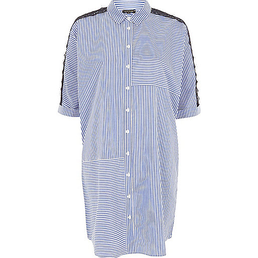 Blue stripe print lace sleeve shirt dress - shirt dresses - dresses - women