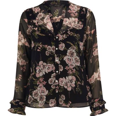 Black floral frill bib blouse - blouses - tops - women