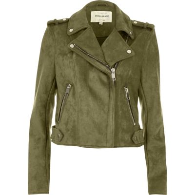 Khaki green suede look biker jacket jackets coats / jackets women