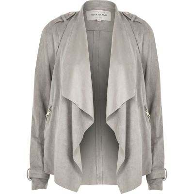 Grey faux suede waterfall biker jacket