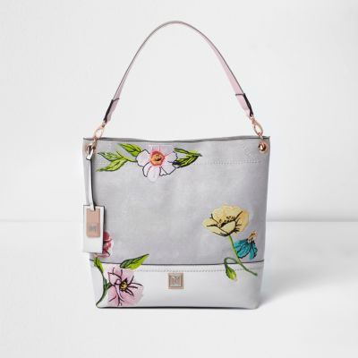 Grey floral embroidered slouch bag - shoulder bags - bags / purses - women