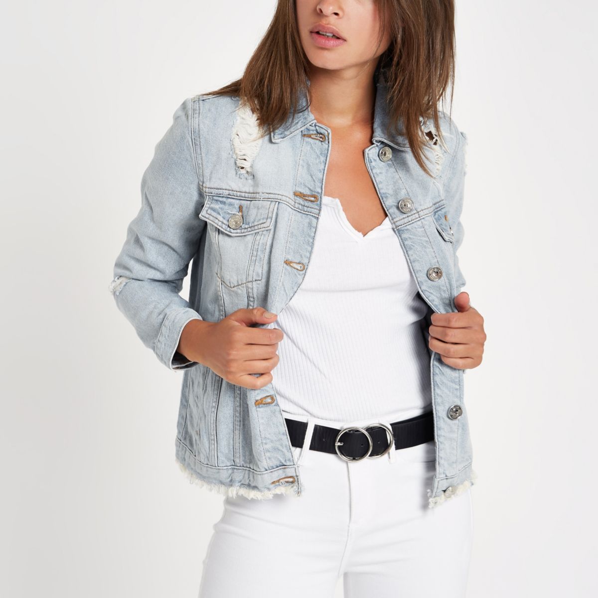 Light blue oversized ripped denim jacket - Coats & Jackets - Sale - women