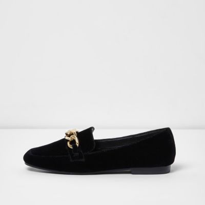 Black velvet gold tone chain loafers shoes shoes / boots women