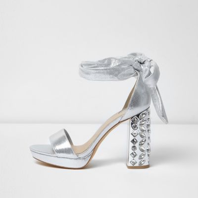 Silver embellished tie up platform heels - sandals - shoes / boots - women