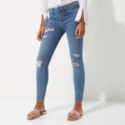 Mid blue ripped Molly jeggings