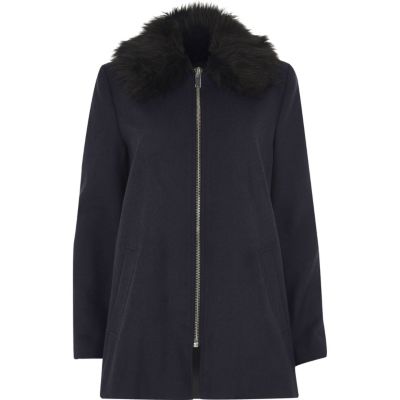 Navy blue faux fur collar swing coat coats coats / jackets women