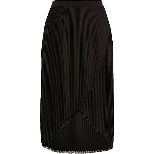 Black wrap front pleated midi skirt - skirts - sale - women