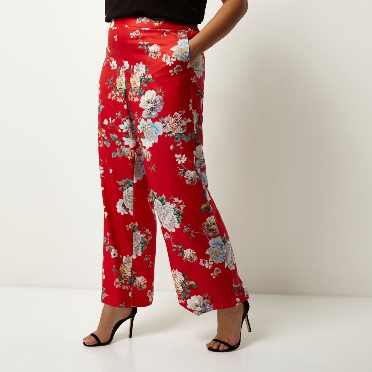 Plus Red Floral Print Wide Leg Pants Pants Sale Women 6069