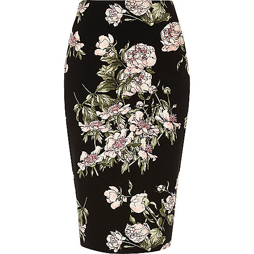 Black floral print pencil skirt - midi skirts - skirts - women