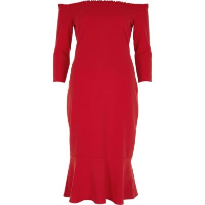 Red frill hem bardot bodycon dress - Dresses - Sale - women