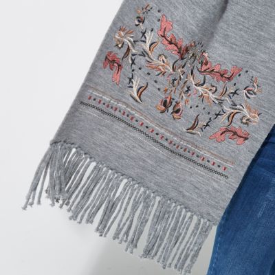 Grey floral embroidered fringe cardigan