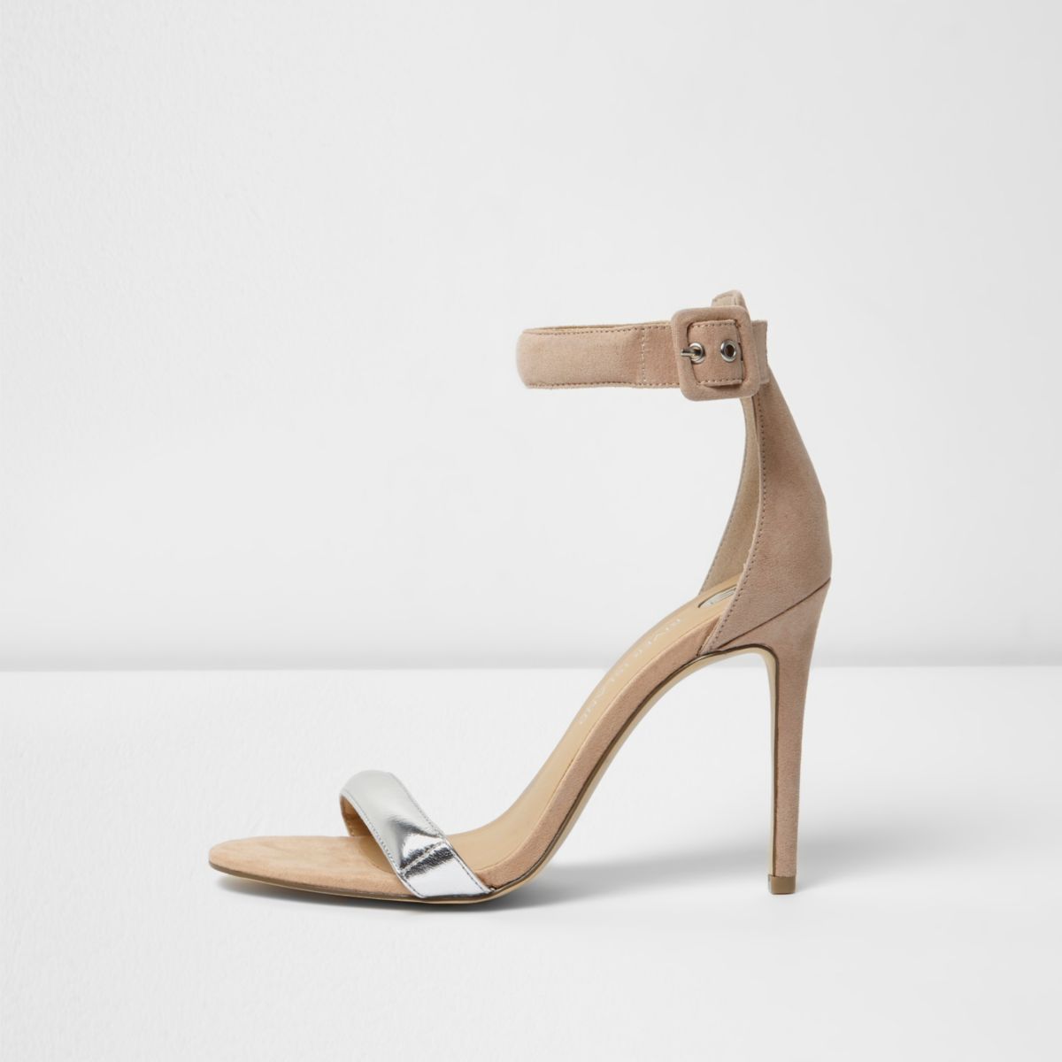 Nude Silver Strap Barely There Heeled Sandals - Shoes -8443