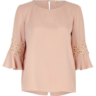 Pink crochet trim bell sleeve top - blouses - tops - women