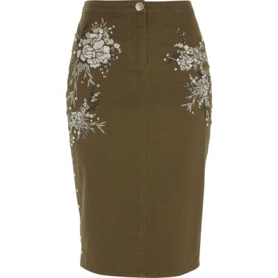 Khaki green embroidered pencil skirt midi skirts skirts women