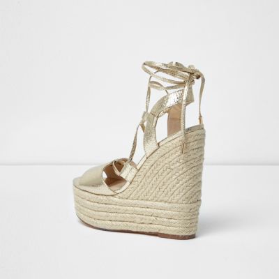 gold tie up espadrille wedges