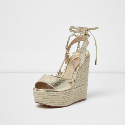 gold tie up espadrille wedges