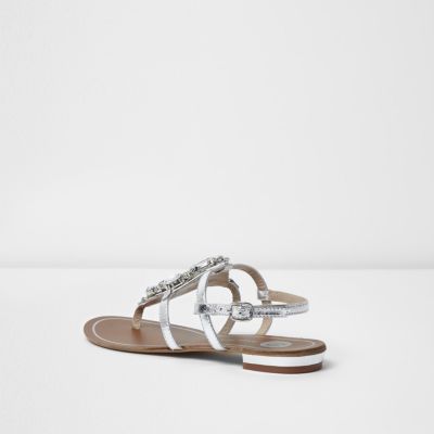 Silver metallic embellished flat sandals - Shoes & Boots - Sale - women