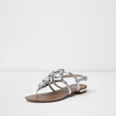 silver embellished sandals flat