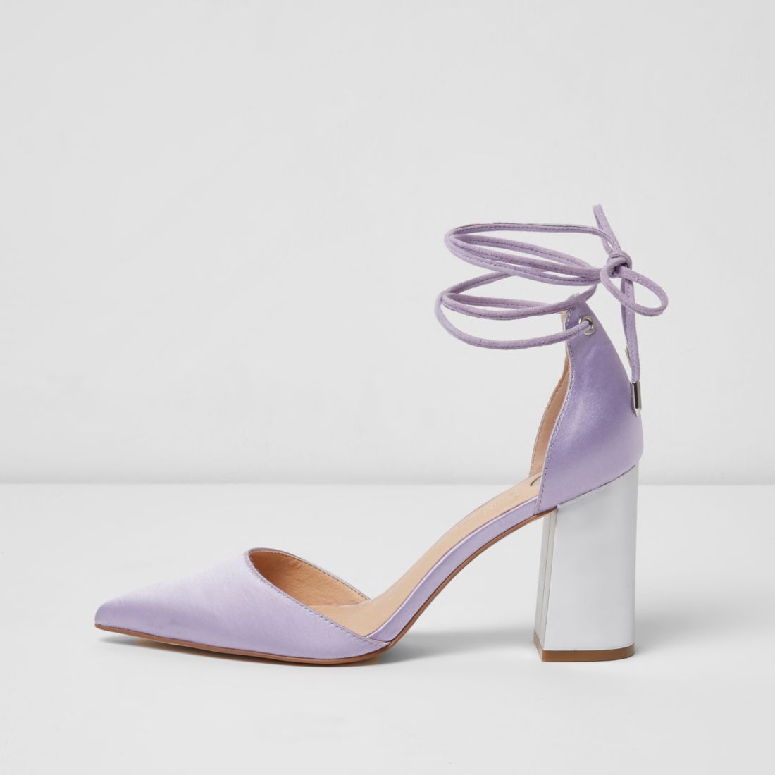 Purple satin ankle tie block heel sandals