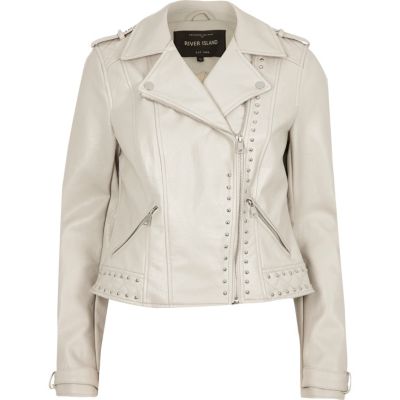 Cream faux leather studded biker jacket - Coats & Jackets - Sale - women