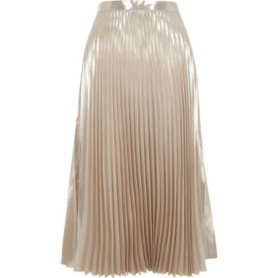 pink metallic pleated midi skirt