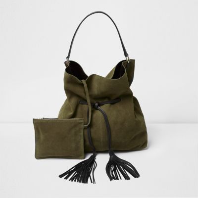 Khaki green suede drawstring duffel bag shoulder bags bags / purses