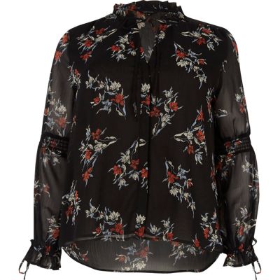 Black floral print frill long sleeve blouse