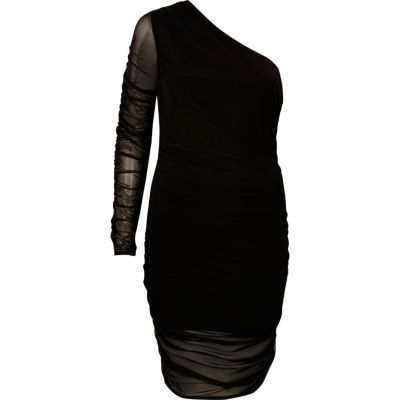Black mesh ruched one shoulder dress - Dresses - Sale - women