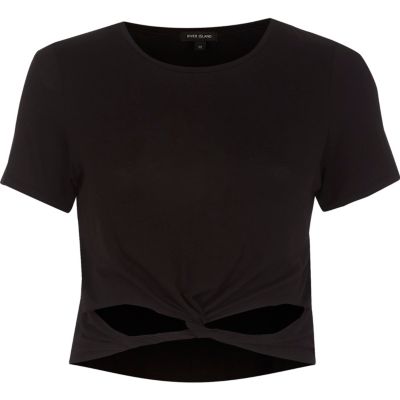 Black twist front short sleeve crop top - plain t-shirts / tanks - t ...