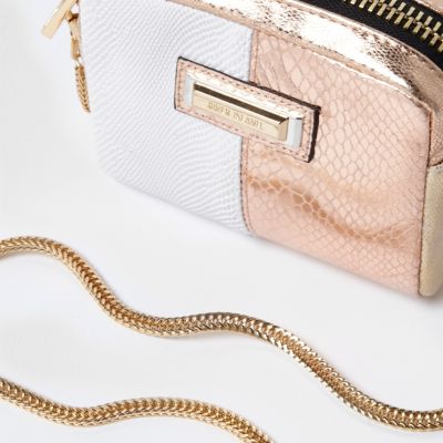 White metallic mini cross body chain bag