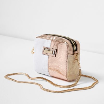White metallic mini cross body chain bag