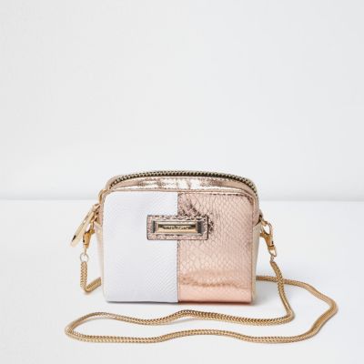 White metallic mini cross body chain bag