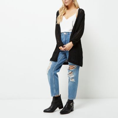 Cardigan long Petite noir en maille échelle