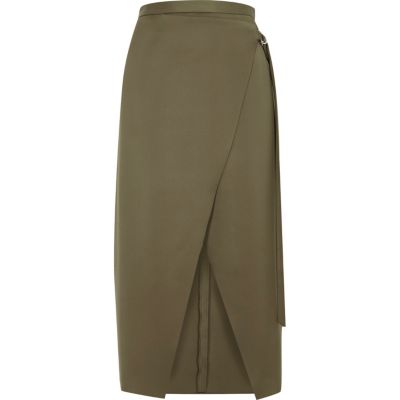 Khaki green wrap ring detail midi skirt midi skirts skirts women
