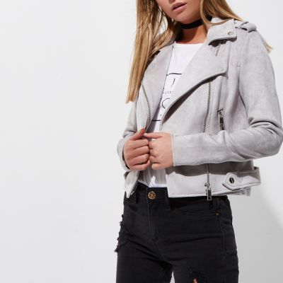 Light grey faux suede biker jacket