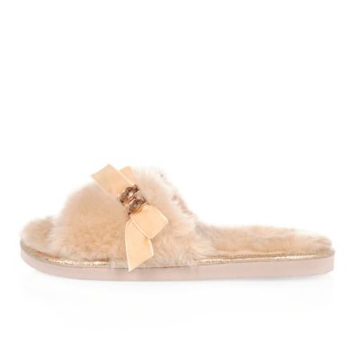 Chaussons mules duveteux roses avec nœud