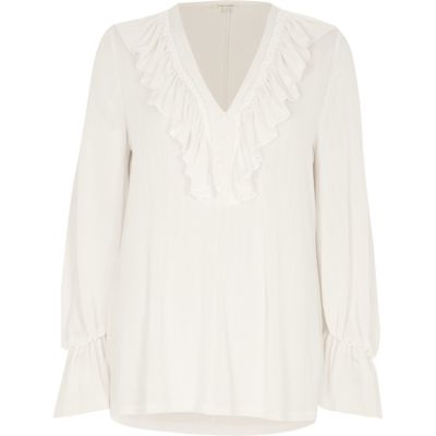 Cream frill V neck long sleeve blouse - blouses - tops - women